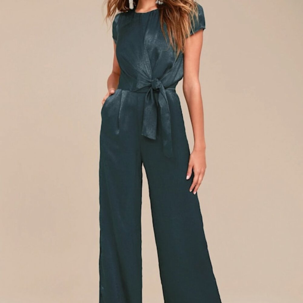 Lulus Let Me Entertain You Dark Green Satin Wide-leg Jumpsuit - Size XL